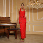 Red Floral Embroidered Halter Gown H6870