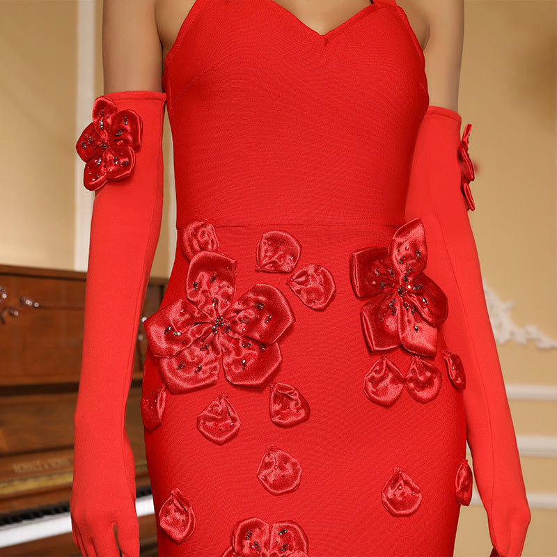 Red Floral Embroidered Halter Gown H6870