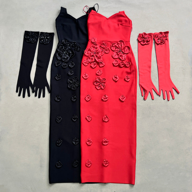 Red Floral Embroidered Halter Gown H6870