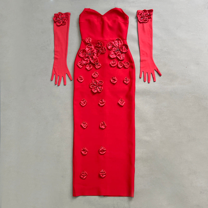 Red Floral Embroidered Halter Gown H6870