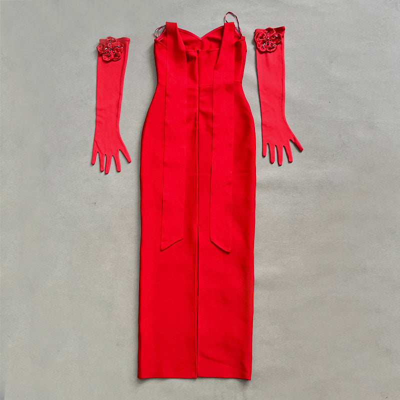 Red Floral Embroidered Halter Gown H6870