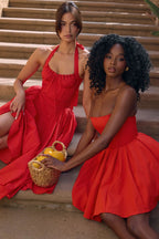 Red Halter Pleated Midi Dress H6291