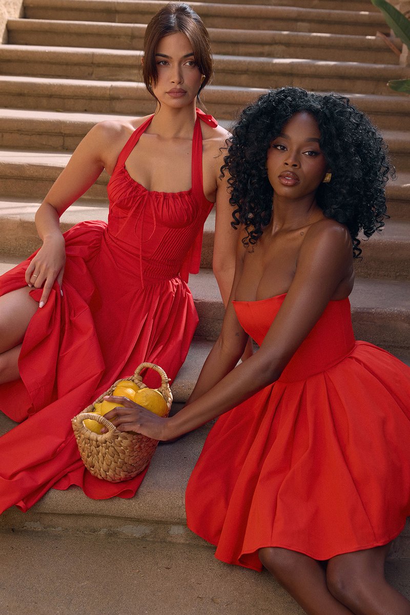 Red Halter Pleated Midi Dress H6291