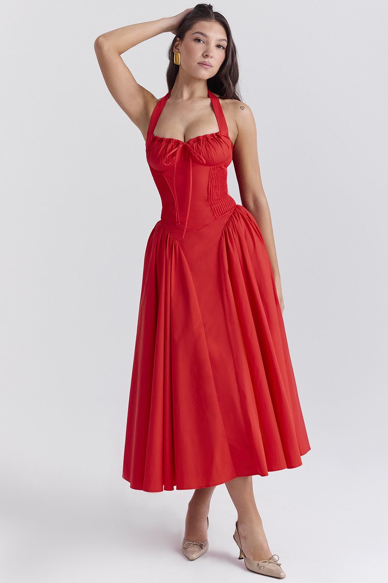 Red Halter Pleated Midi Dress H6291