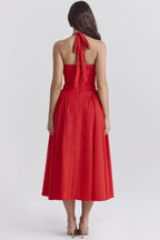 Red Halter Pleated Midi Dress H6291