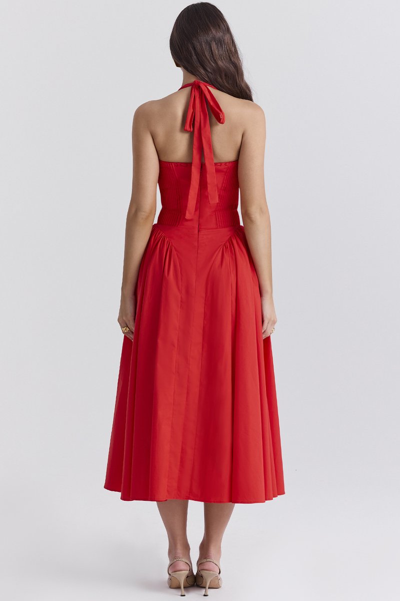 Red Halter Pleated Midi Dress H6291