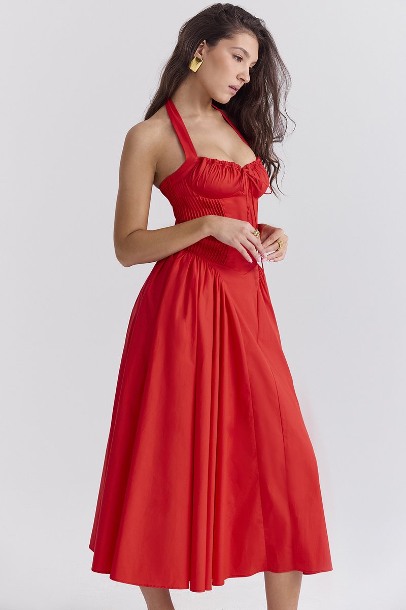 Red Halter Pleated Midi Dress H6291