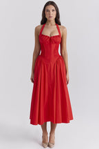 Red Halter Pleated Midi Dress H6291
