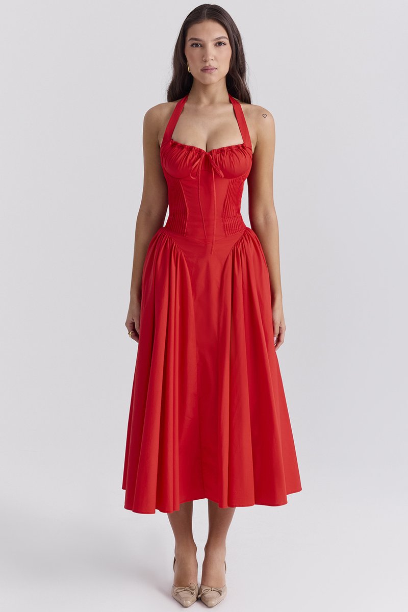 Red Halter Pleated Midi Dress H6291
