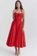 Red Halter Pleated Midi Dress H6291