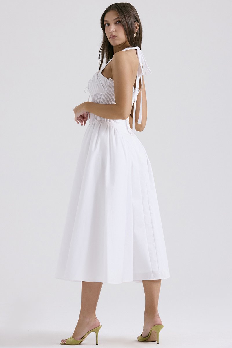Red Halter Pleated Midi Dress H6291
