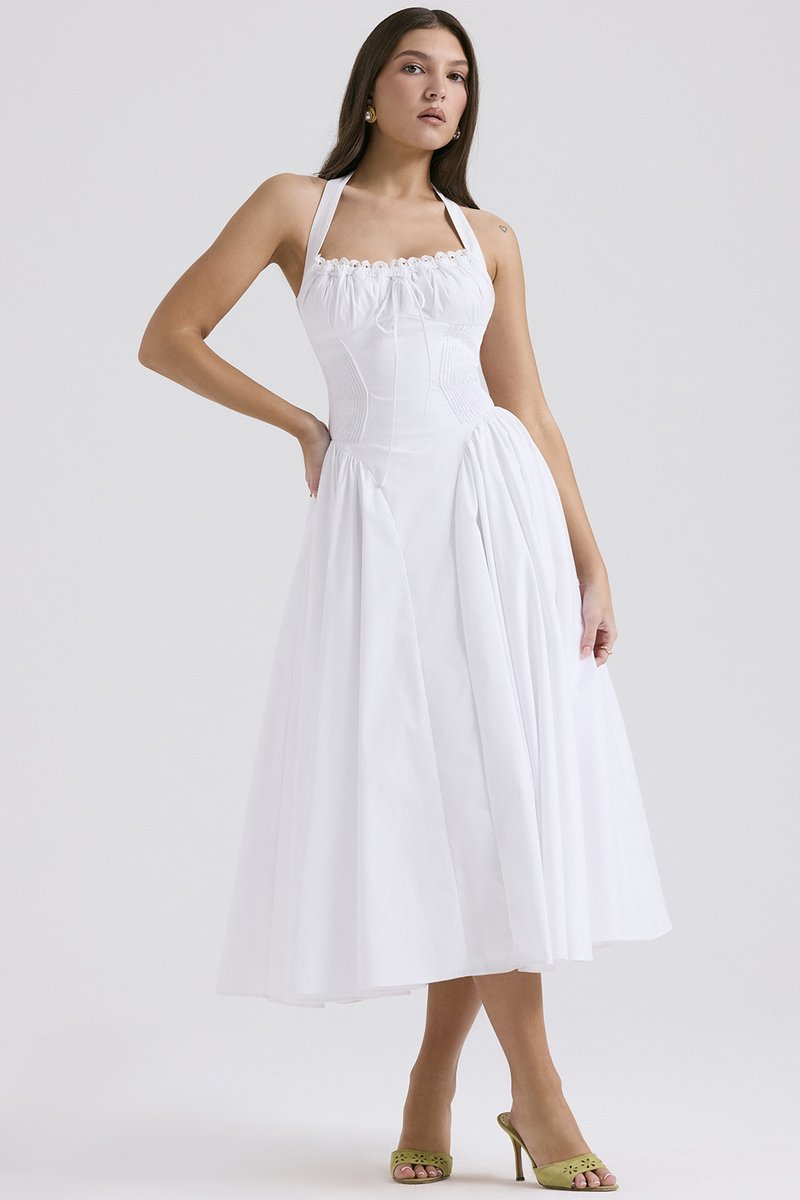 Red Halter Pleated Midi Dress H6291