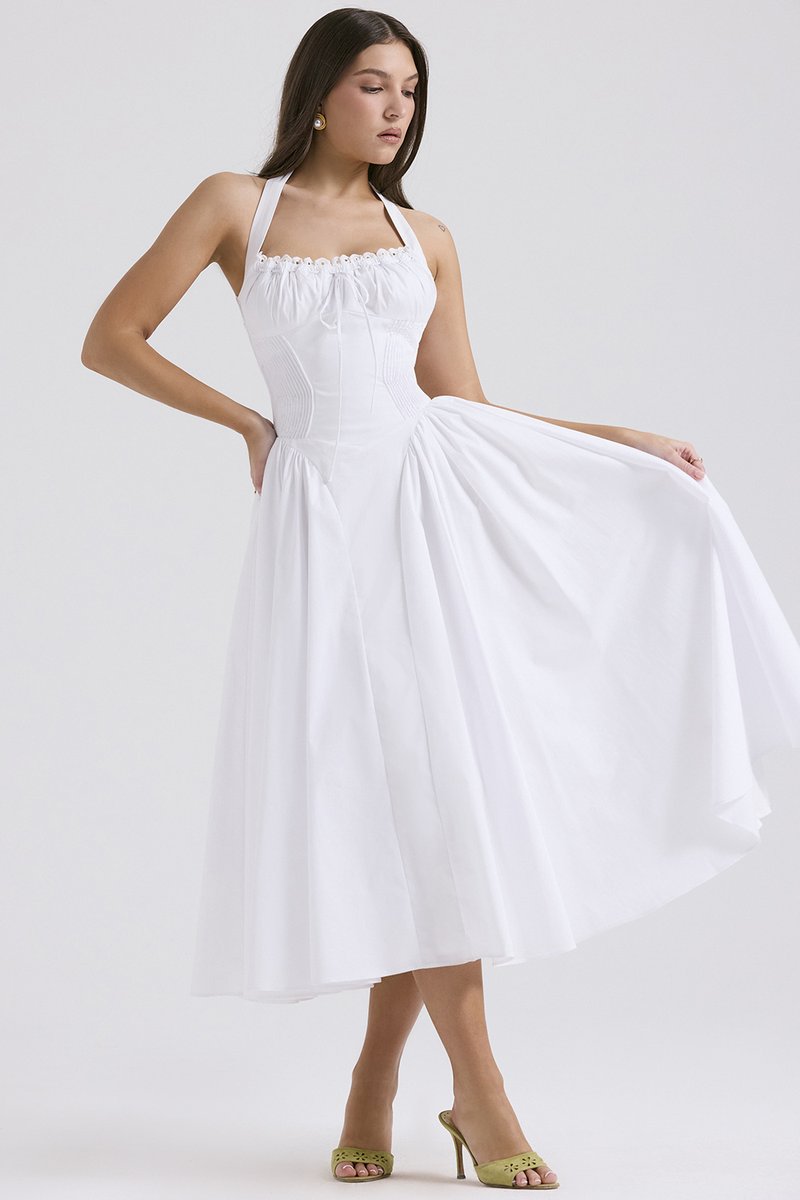 Red Halter Pleated Midi Dress H6291