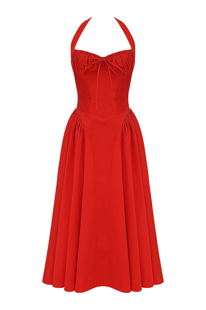 Red Halter Pleated Midi Dress H6291