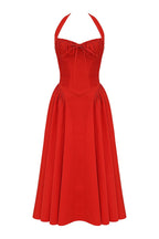 Red Halter Pleated Midi Dress H6291