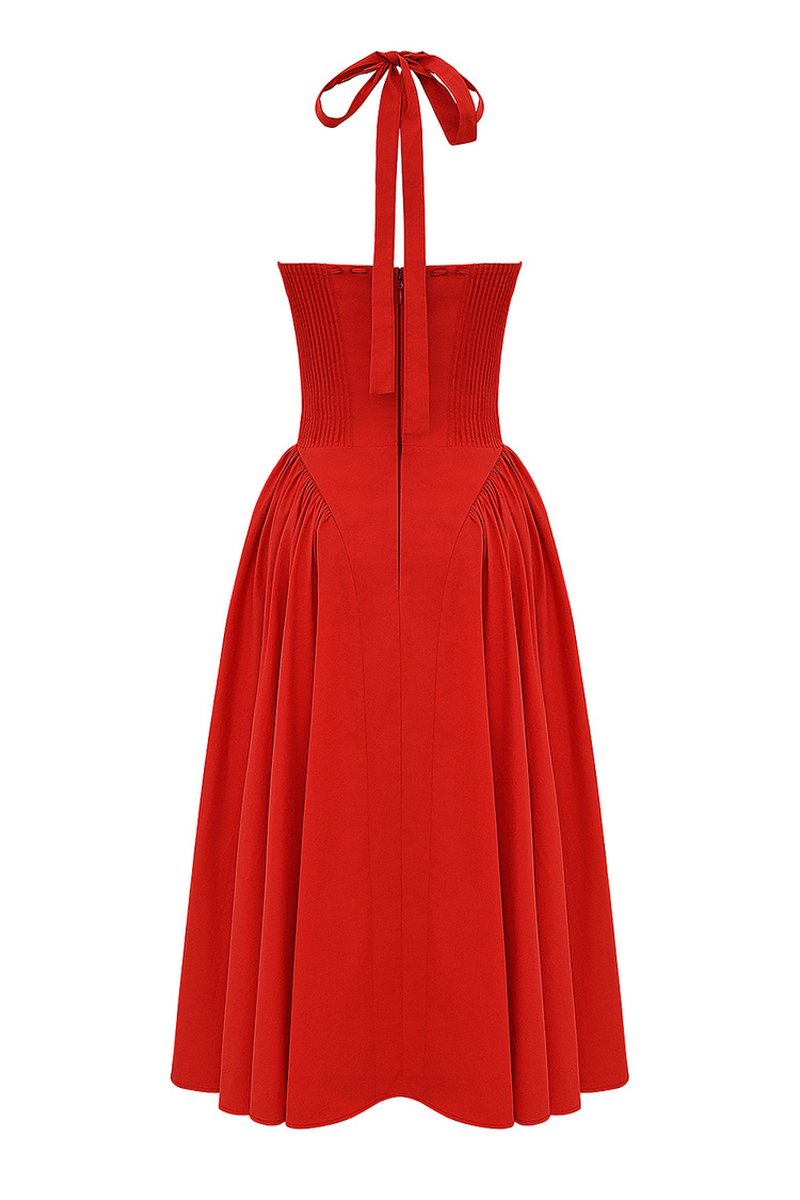Red Halter Pleated Midi Dress H6291