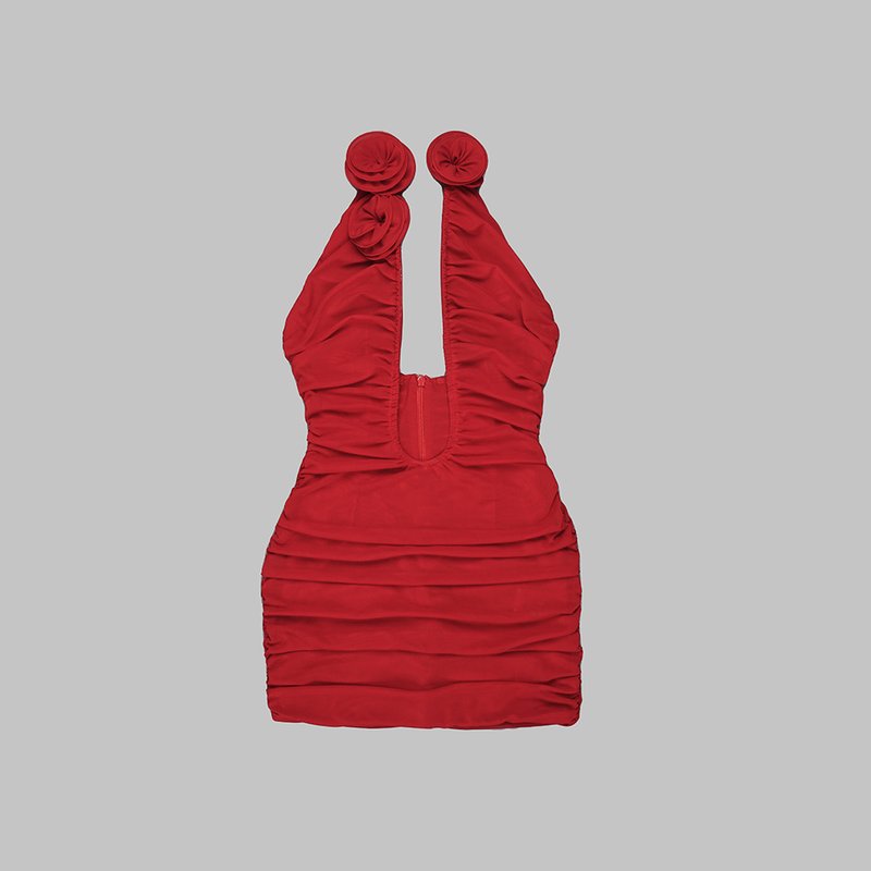 Red Halter Ruched Mini Dress H6009