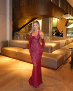 Red Lace Halter Mermaid Gown H6407