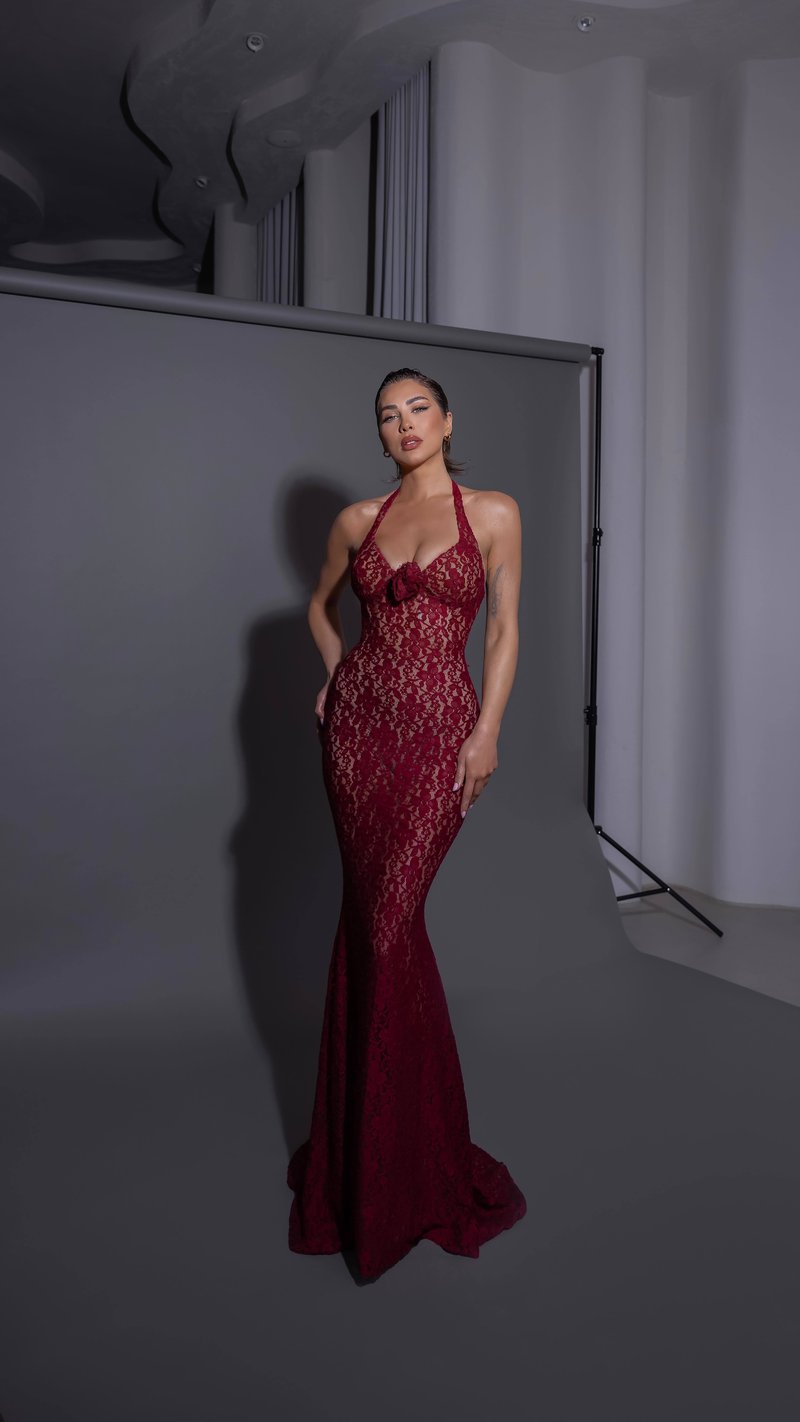 Red Lace Halter Mermaid Gown H6407