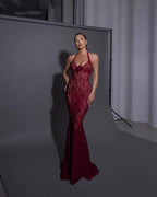 Red Lace Halter Mermaid Gown H6407