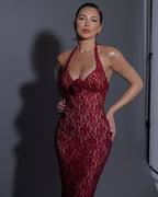 Red Lace Halter Mermaid Gown H6407