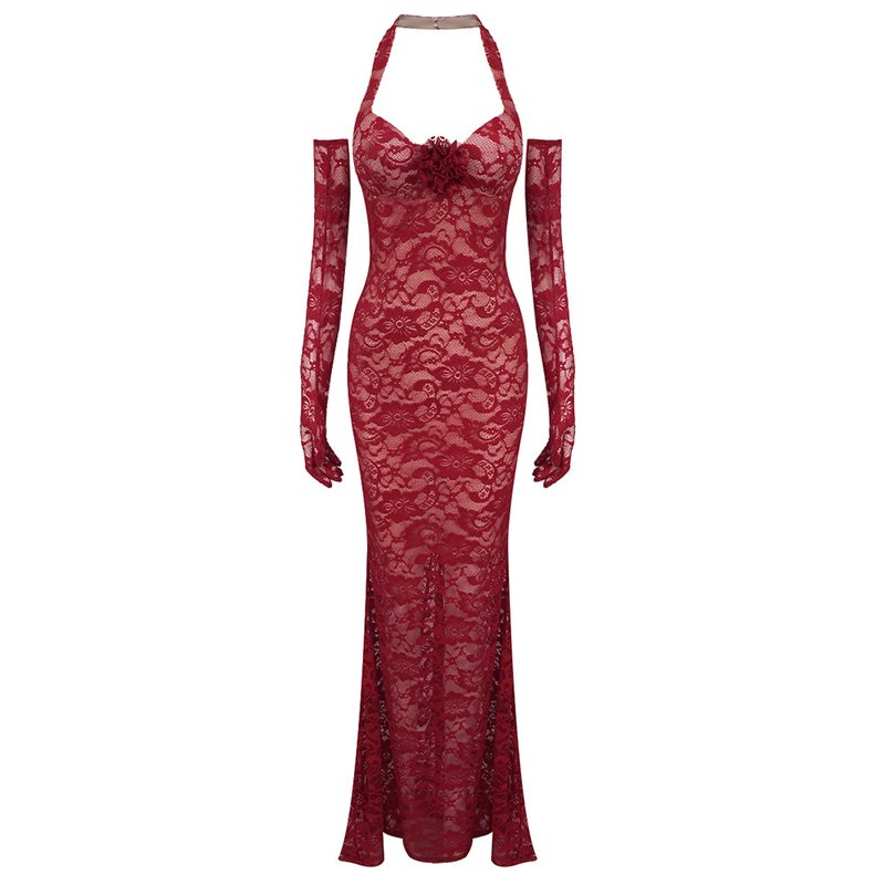 Red Lace Halter Mermaid Gown H6407