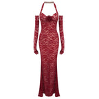 Red Lace Halter Mermaid Gown H6407