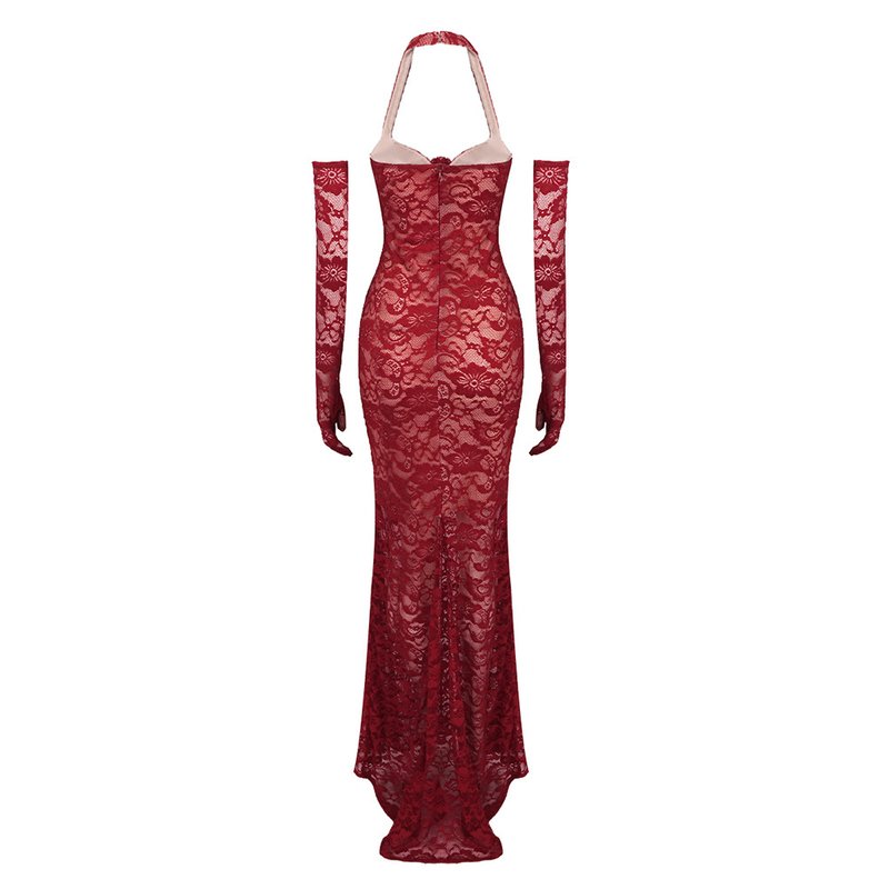 Red Lace Halter Mermaid Gown H6407