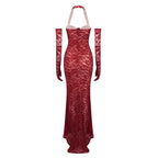 Red Lace Halter Mermaid Gown H6407