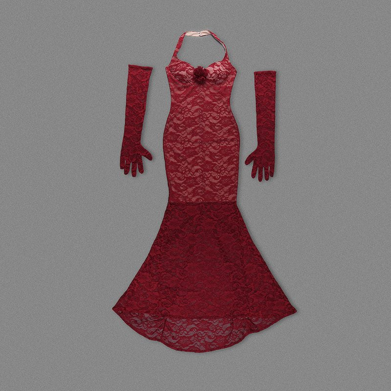 Red Lace Halter Mermaid Gown H6407