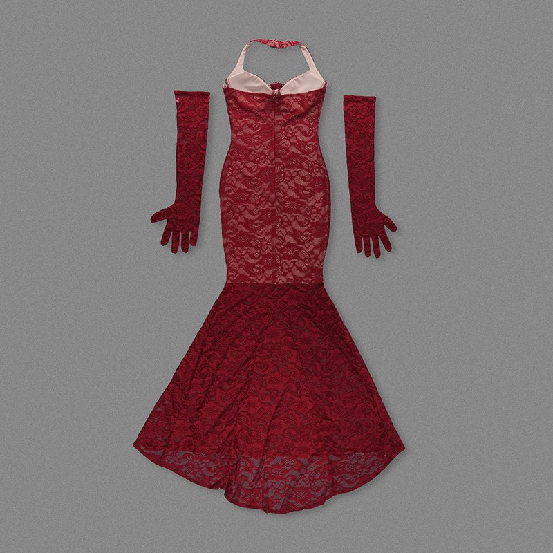 Red Lace Halter Mermaid Gown H6407