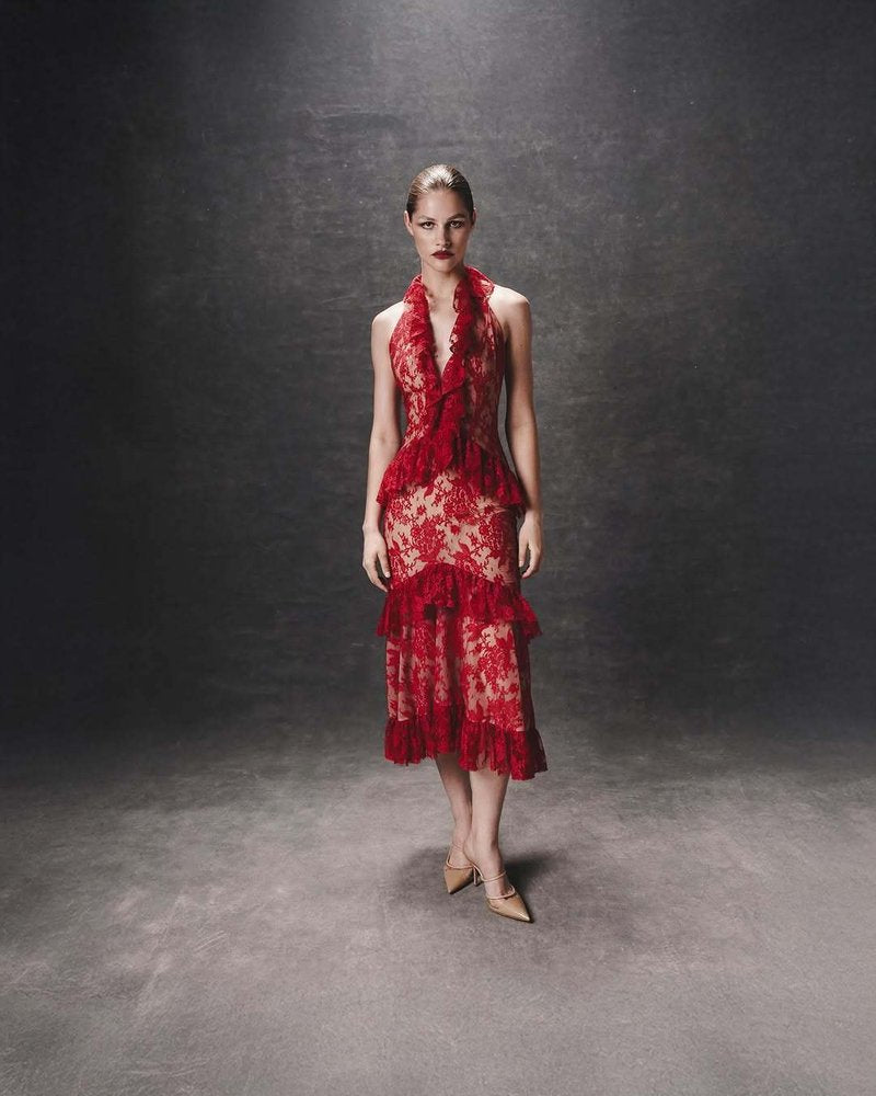 Red Lace Halter Midi Dress H6766