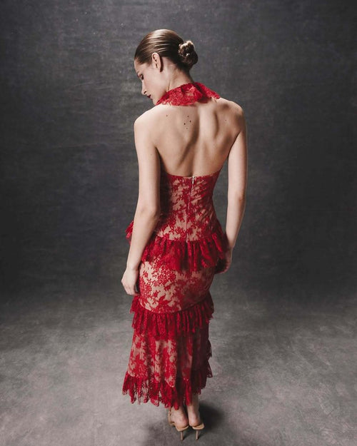 Red Lace Halter Midi Dress H6766