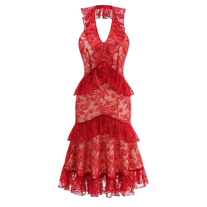 Red Lace Halter Midi Dress H6766