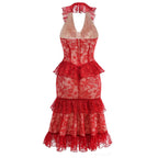 Red Lace Halter Midi Dress H6766