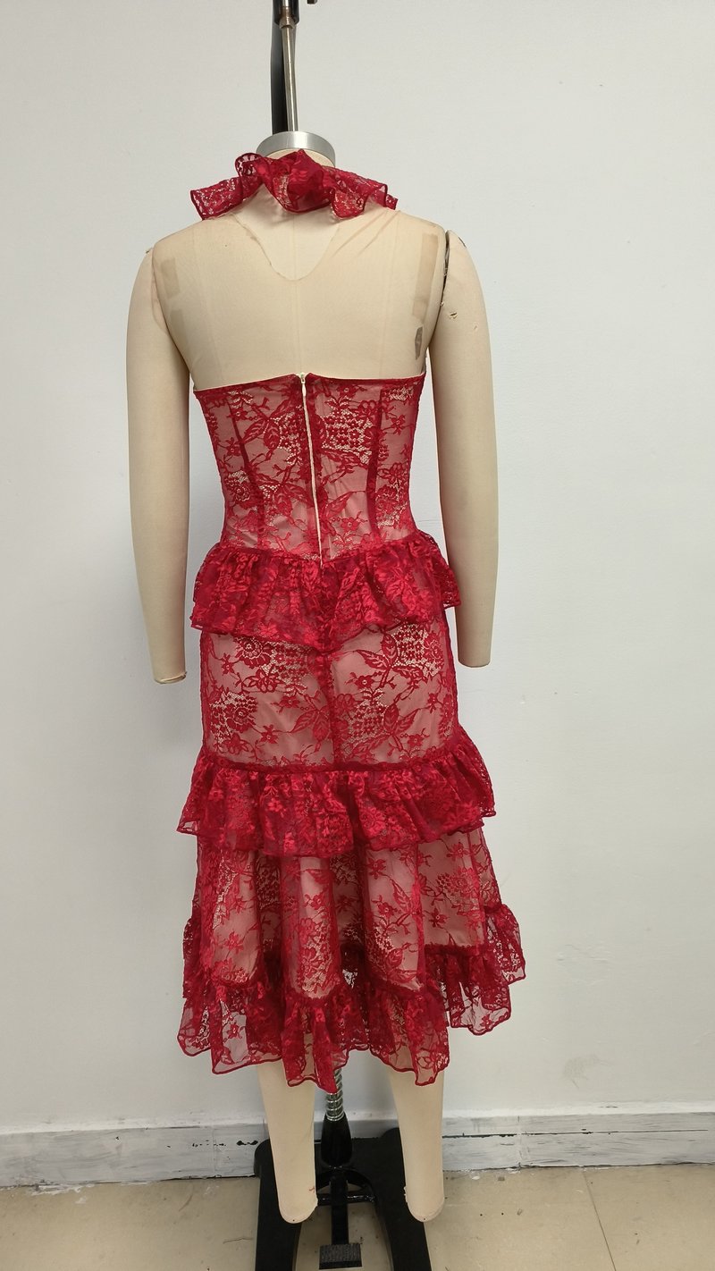 Red Lace Halter Midi Dress H6766