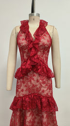 Red Lace Halter Midi Dress H6766