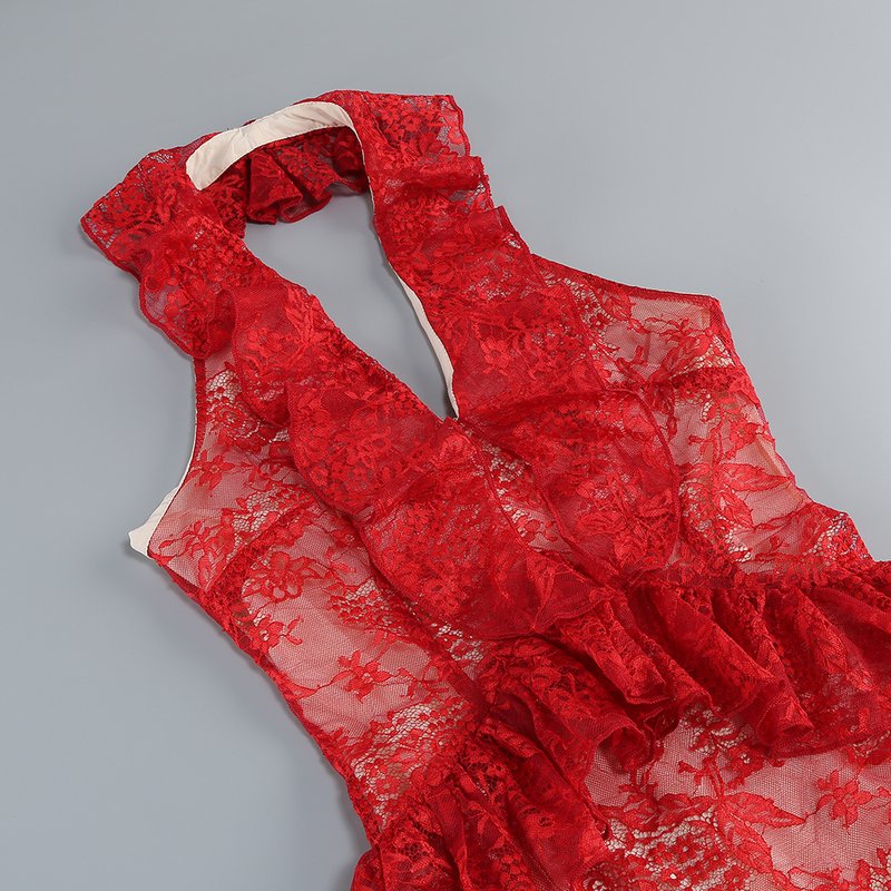 Red Lace Halter Midi Dress H6766