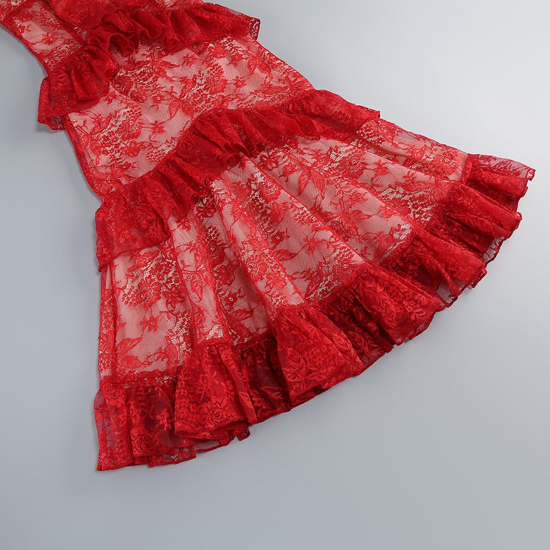 Red Lace Halter Midi Dress H6766