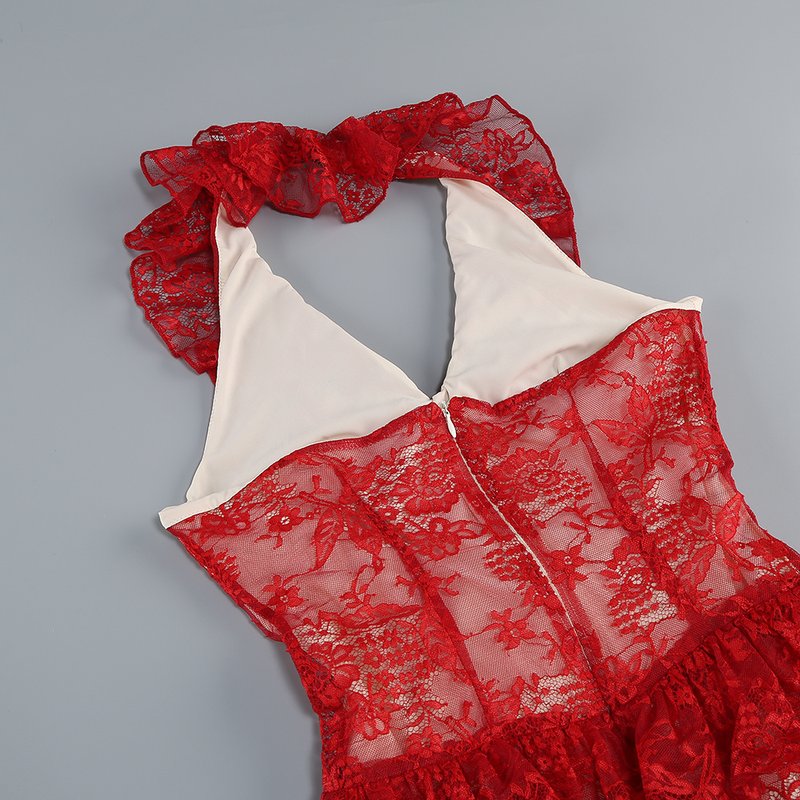 Red Lace Halter Midi Dress H6766