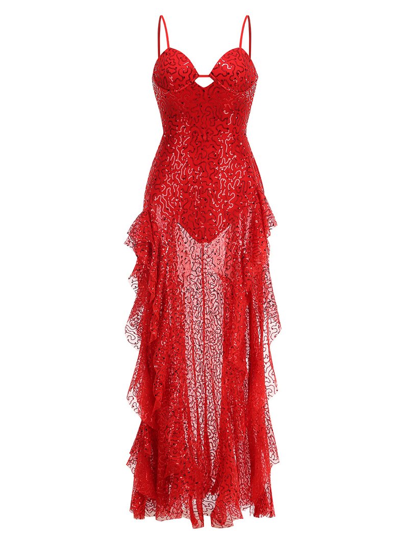 Red Lace Sequin Strappy Maxi Dress H6673