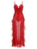 Red Lace Sequin Strappy Maxi Dress H6673