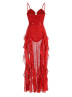 Red Lace Sequin Strappy Maxi Dress H6673