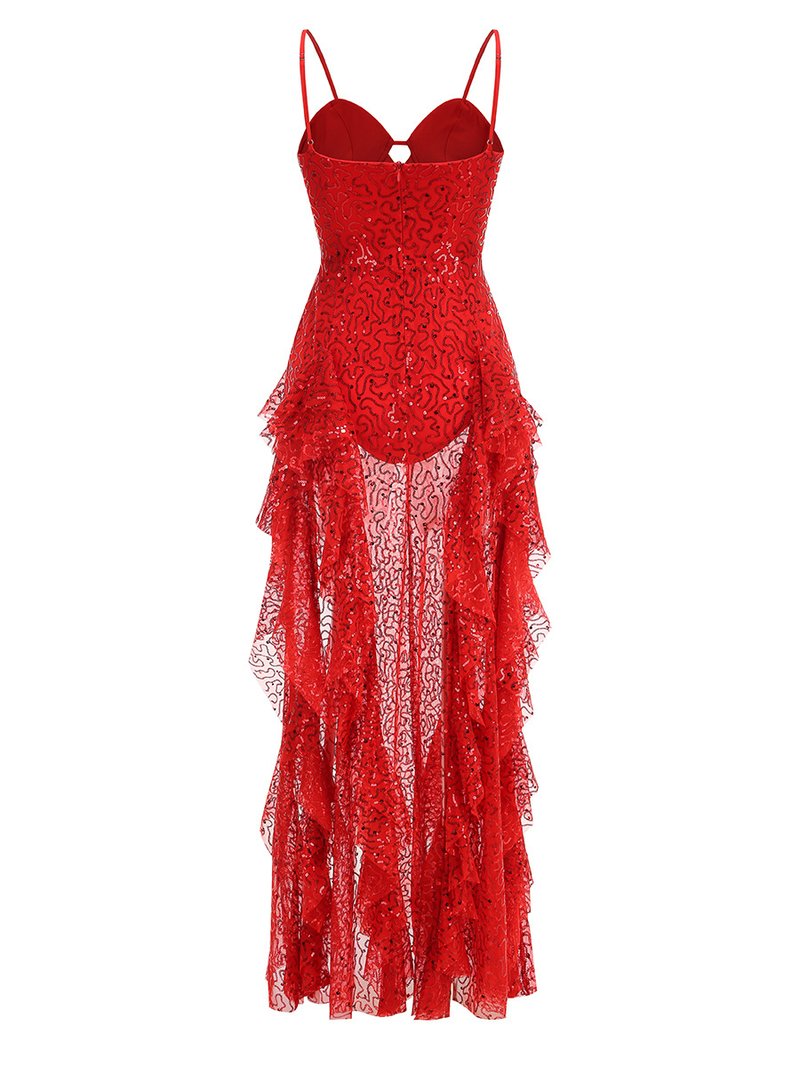 Red Lace Sequin Strappy Maxi Dress H6673