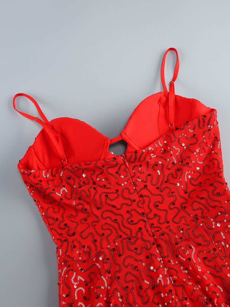 Red Lace Sequin Strappy Maxi Dress H6673