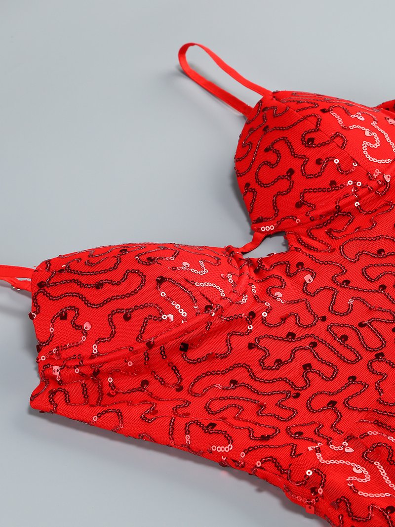 Red Lace Sequin Strappy Maxi Dress H6673