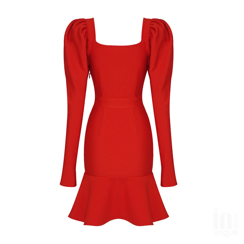 Red Long Sleeve Flare Mini Dress H3379