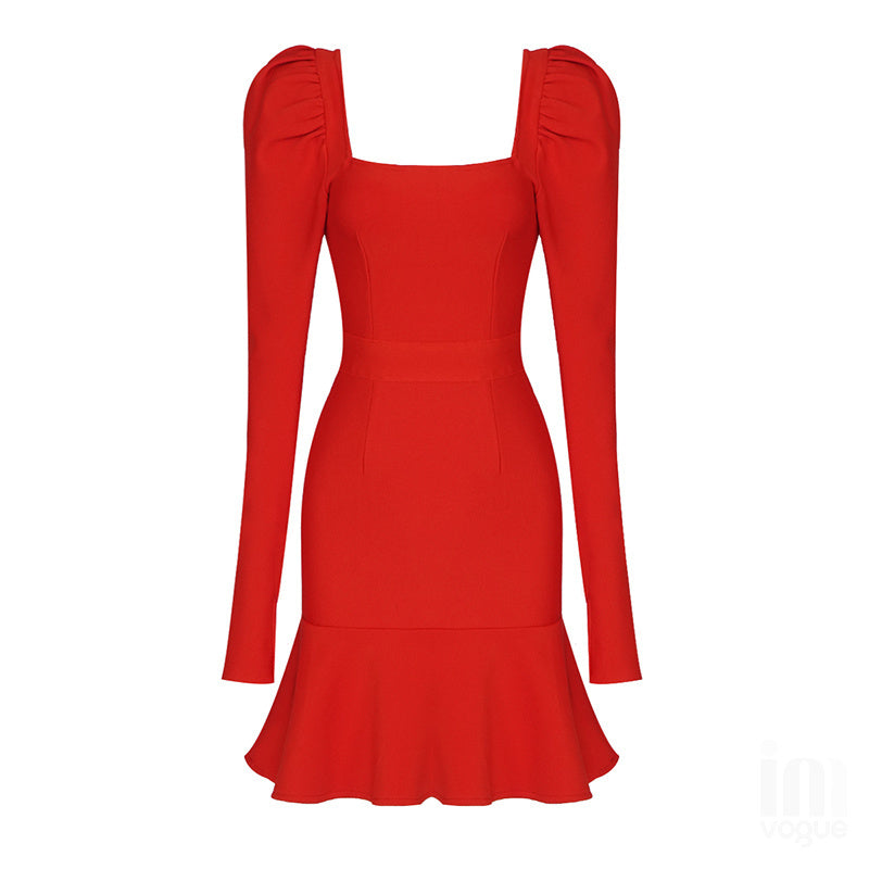 Red Long Sleeve Flare Mini Dress H3379