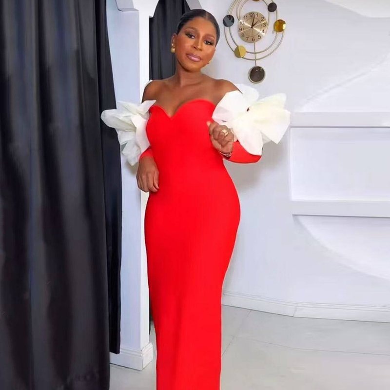 Red Long Sleeve Ruffle Shoulder Bandage Dress H6655