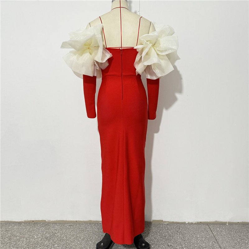 Red Long Sleeve Ruffle Shoulder Bandage Dress H6655